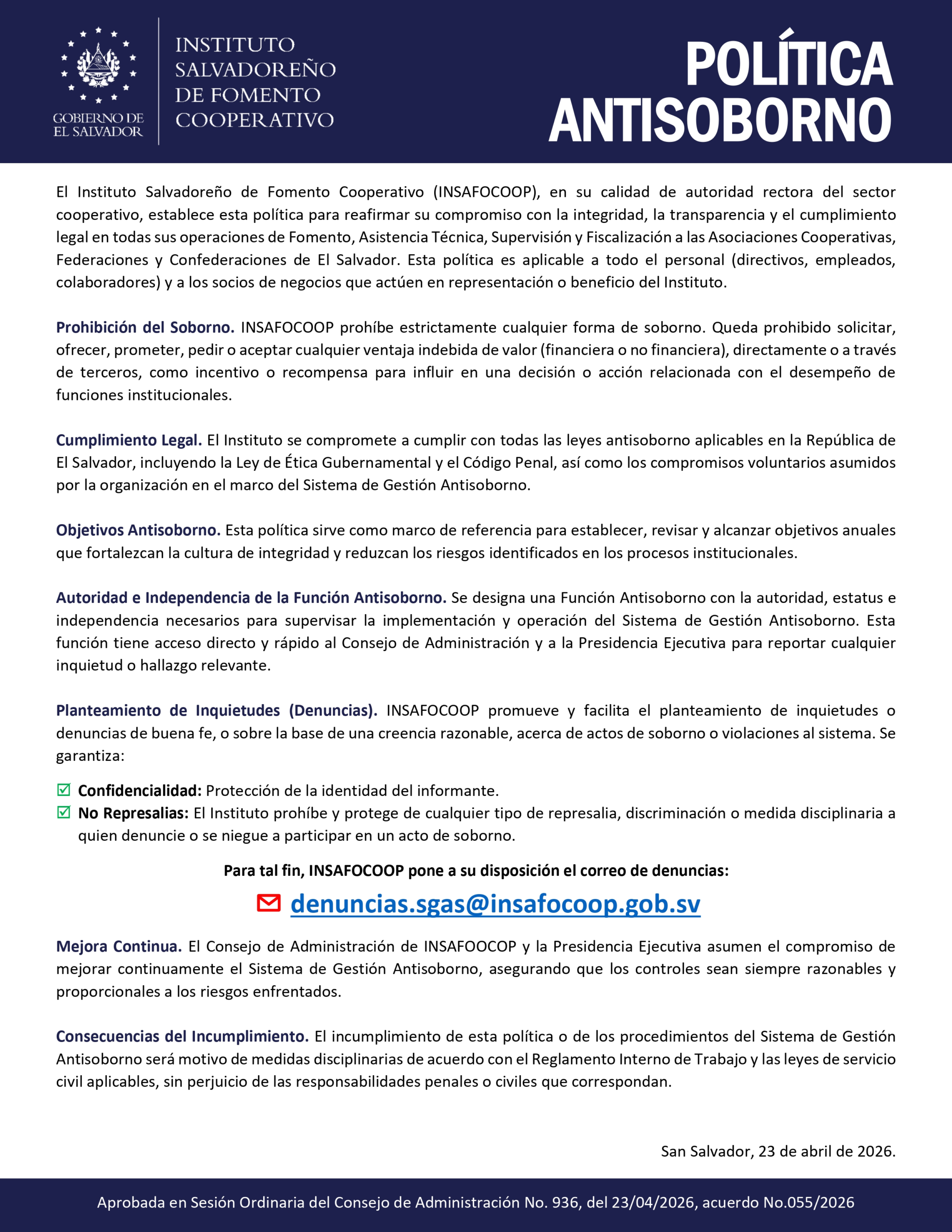 Política Antisoborno INSAFOCOOP